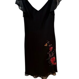 S.L. Fashions Black Dress with Embroidered Floral Design Sz 10P Whimsigoth